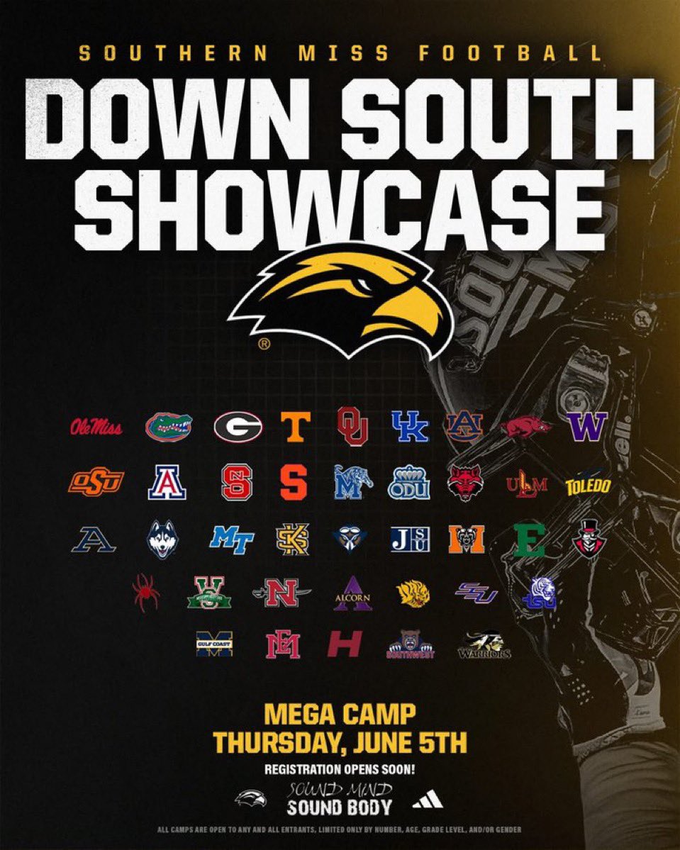I will be at <a href="/SouthernMissFB/">Southern Miss Football</a> tomorrow for the Down South Showcase!! Looking forward to it!! <a href="/butlerbulldogs/">Butler Bulldogs Football</a> <a href="/JustCoachHales/">Brian Hales</a> <a href="/PrepRedzoneNC/">Prep Redzone North Carolina</a> <a href="/pepman704/">Matt Morrow</a> <a href="/TheSniperSchool/">Ray Isaac</a> <a href="/ONEWAYINC1/">ONEWAY INCORPORATED</a> <a href="/JalanSowell/">JALAN SOWELL (J1)</a> <a href="/ChadSimmons_/">ChadSimmons</a> <a href="/adamgorney/">Adam Gorney</a> <a href="/BrandonHuffman/">Brandon Huffman</a> <a href="/TomLoy247/">Tom Loy</a>