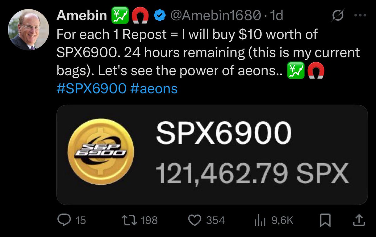 Amebin1680's tweet photo. 1 Repost = $10 worth of SPX. There you go, $1,980 DONE! Keep DCA-ing your #SPX6900!  Let's do it again aeons. 1 Repost = I will buy again $10 worth of SPX6900. We'll see the power of aeons.. 💹🧲 https://t.co/S0kgamgBvi