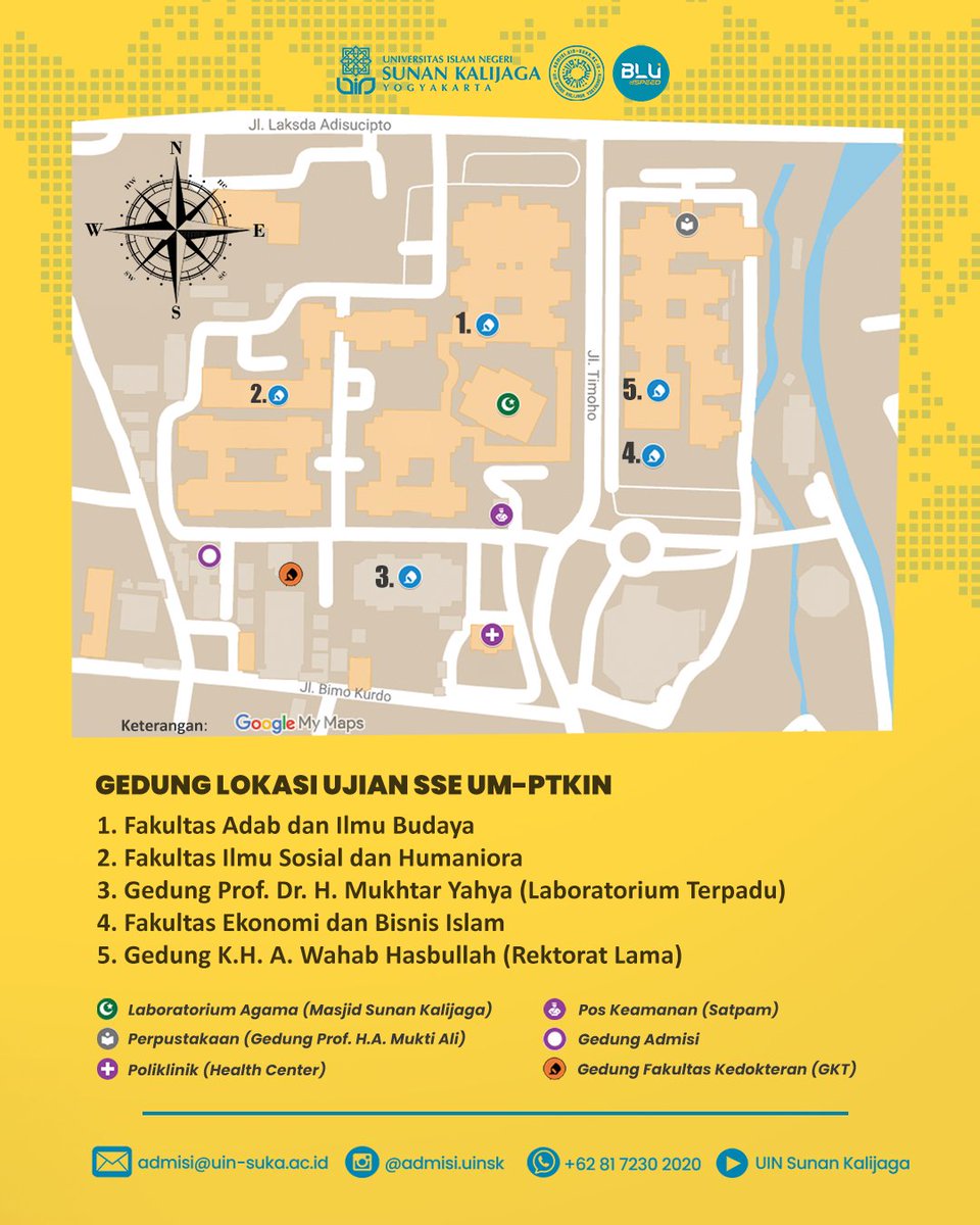 Biar ga salah arah, nih mimin kasih info denah lokasi ujian SSE UM-PTKIN di UIN Sunan Kalijaga Yogyakarta.
Informasi PMB UIN Sunan Kalijaga kunjungi admisi.uin-suka.ac.id, WA 08172302020, dan join saluran Telegram PMBS1UINSK.
#uinsk #uinsunankalijaga #UINSuka #uinjogja