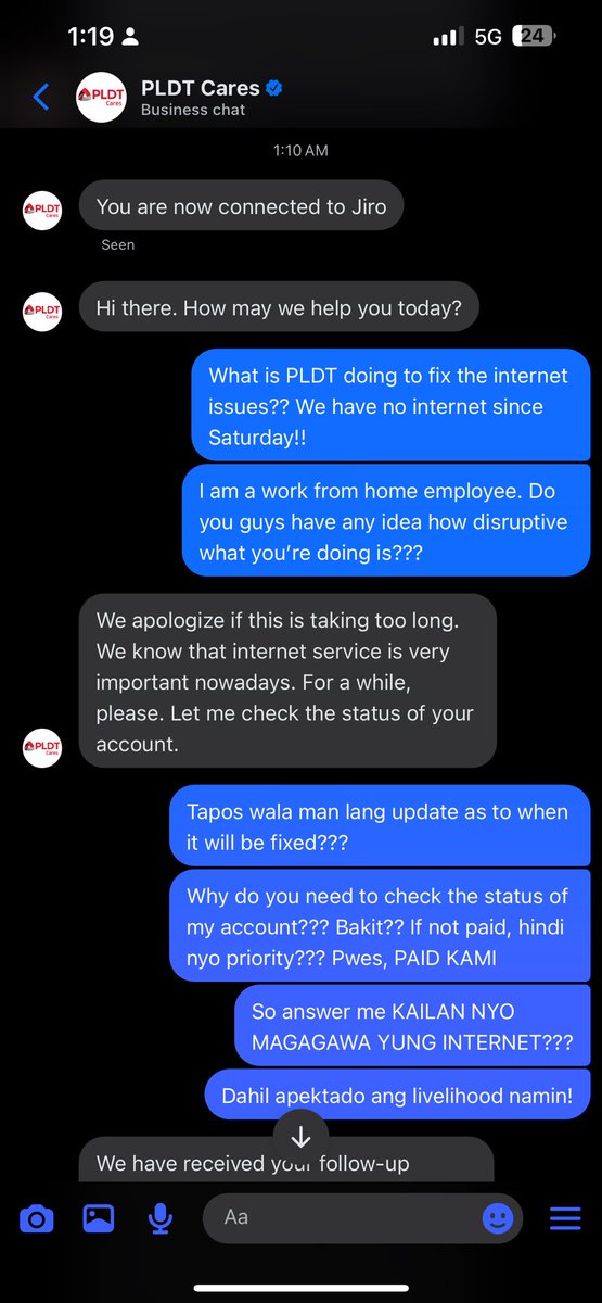 ncldtrrs's tweet photo. @patriciaobias @PLDT_Cares Had the same experience with them! I waited for 50 minutes only for the agent to disconnect after 4 minutes of automated replies. Mga putanginang perwisyo at palpak na customer service! @PLDT_Cares https://t.co/y8B7zHXUi6