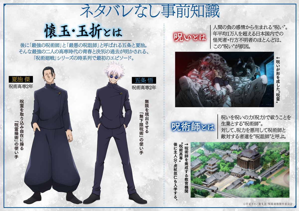 ／
「劇場版総集編 #懐玉・玉折」
からでも大丈夫!!
「#呪術廻戦」シリーズ
＼

大ヒット公開中の
『劇場版総集編 #呪術廻戦 #懐玉・玉折 』
こちらは「呪術廻戦」シリーズの中でも
時系列的に最初のエピソード。

今まで呪術廻戦を見たことが無い人にも
おすすめの作品です!!

#呪術廻戦