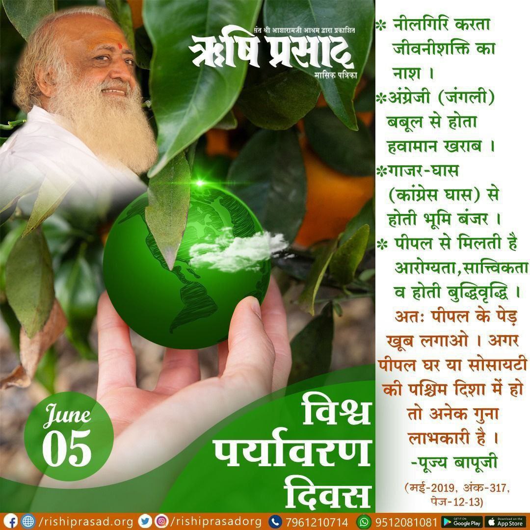 SKOfficial1369's tweet photo. Sant Shri Asharamji Bapu has always inspired us to Protect Our Earth &amp; Go Green by planting environmentally friendly trees such as Peepal, Tulsi, Amla, Neem &amp; Banyan. It helps in #पर्यावरण_संरक्षण and Prevention of Pollution.
#WorldEnvironmentDay
https://t.co/bKrkdNy2O9