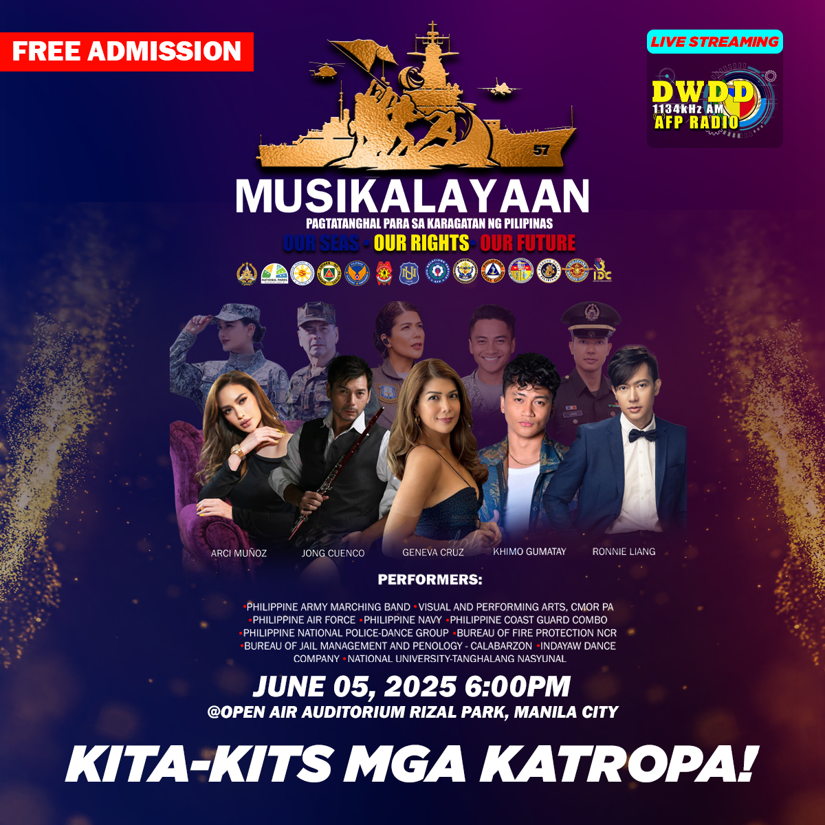 Musikalayaan 2025 na!

Kita-kits mamayang 6PM sa Open Auditorium Rizal Park.
Libre ‘to, kaya tara na! 📷📷
#Musikalayaan2025
#AFPyoucanTRUST
#OneAFPOnePhilippines 
#StrongAFPStrongPhilippines #OurSeasOurRightsOurFuture