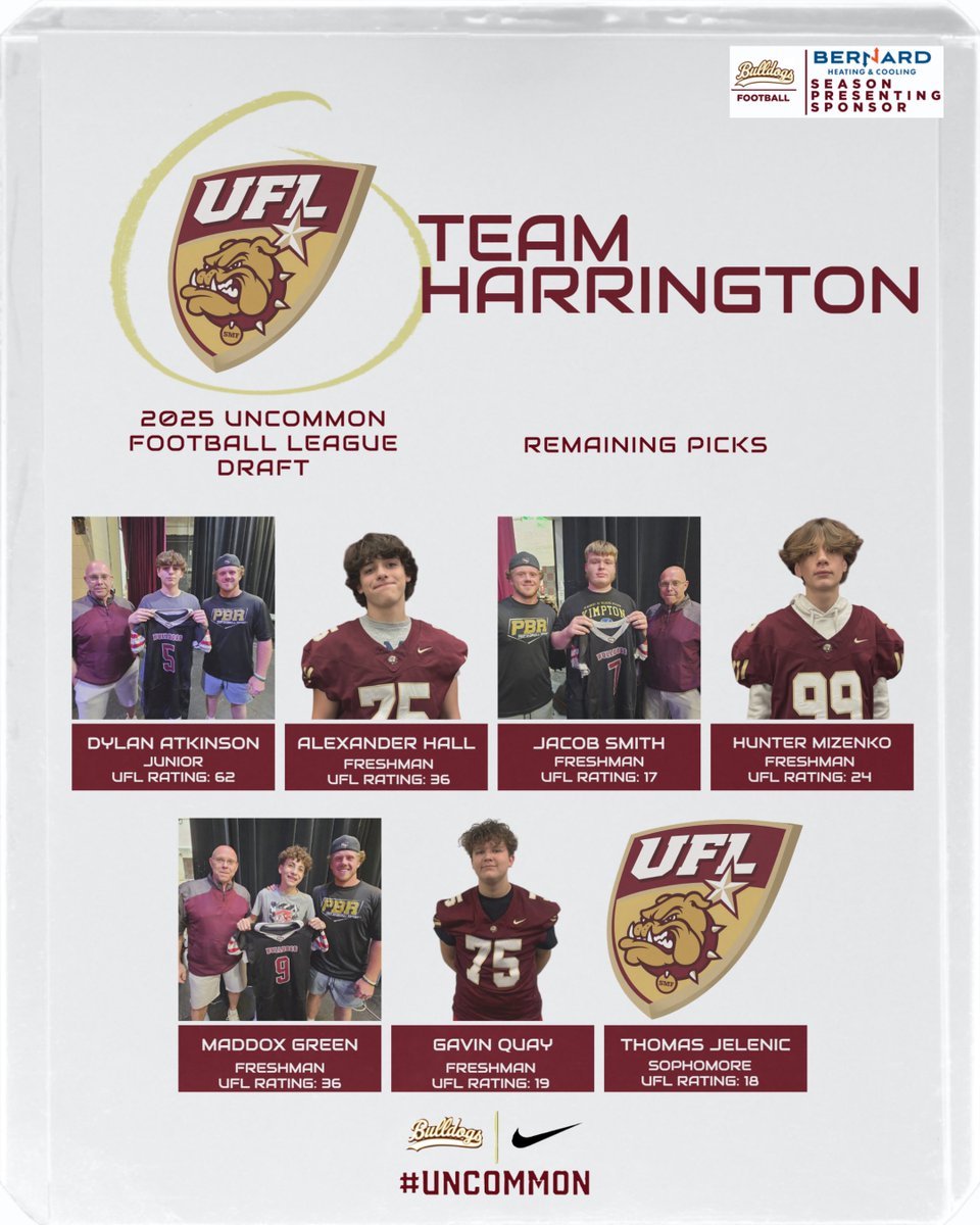 2025 UFL DRAFT: TEAM HARRINGTON picks following the 4th Round. Summer Competition starts on Monday! GO BULLDOGS! #UNcommon