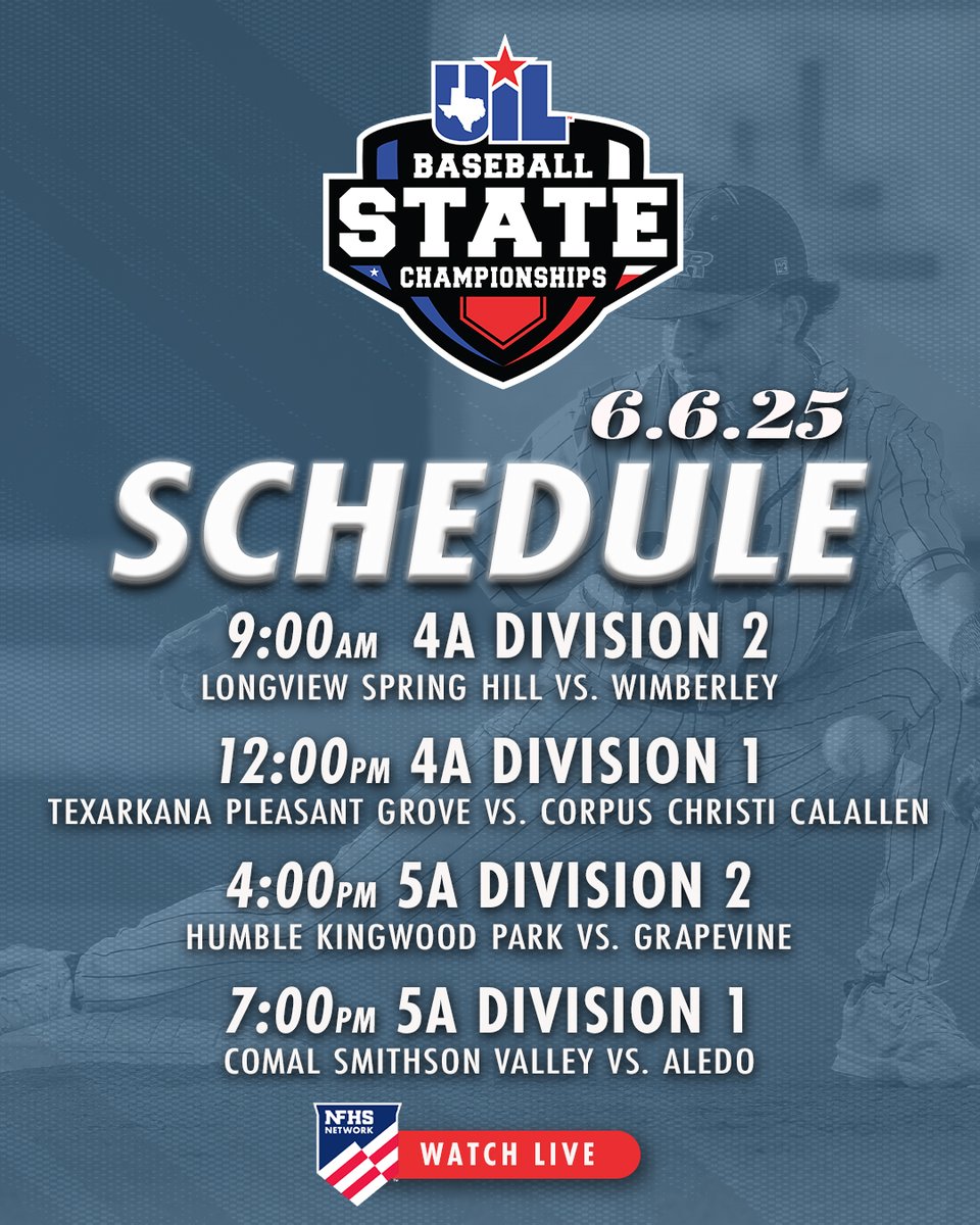 Day 2 is here—who’s writing their championship story today? 📖⚾

⚾️ Info: uiltexas.org/baseball/state
🎟️ Tickets &amp; Parking: bit.ly/3MMCK62
🎥 Livestream on <a href="/NFHSNetwork/">NFHS Network</a> : bit.ly/3oMFcS9
📊 Live Stats: uilstats.com
📖 Program: adobe.ly/4jdwbaG