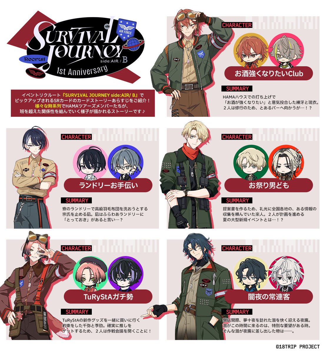 🪶Team AIRカードストーリー紹介🪶

1周年SRカードストーリーは「様々な時系列でHAMAツアーズメンバーたちが、班を越えた関係性を結んでいく様子」を描きます✨

本日は、空チームの区長カードについて、ペアとあらすじを公開します！

#エイトリ
