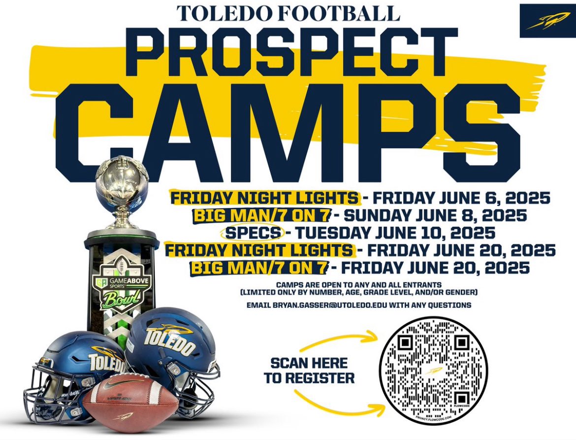 I will be at the Toledo football camp this Friday <a href="/coachhallett/">Mike Hallett</a> <a href="/ToledoFB/">Toledo Football</a> <a href="/phil_jacobs16/">Coach Jacobs 🇺🇸</a> <a href="/PrepRedzoneNext/">Prep Redzone 𝙉𝙀𝙓𝙏 🏈</a> <a href="/PrepRedzone/">Prep Redzone 🏈</a> <a href="/alex_pallone/">Alex Pallone</a> <a href="/DextIvan/">CoachIvanDext</a> <a href="/MIexposure/">Michigan exposure</a>