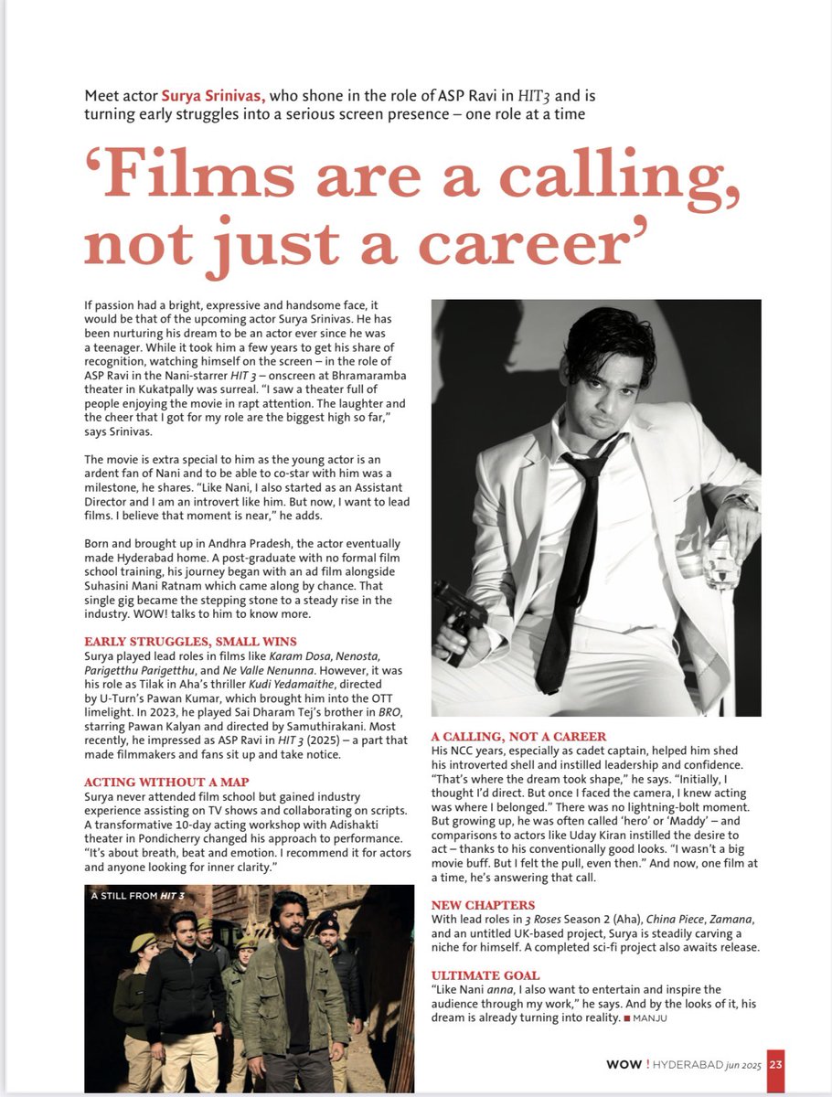 Surya Srinivas (@isuryasrinivas) on Twitter photo Humbled to be featured in the June Edition of #wowmagazine
Big thanks to <a href="/mkalanidhi/">Manju Latha Kalanidhi</a> for capturing more than the craft — for honoring the story within.
Grateful for the space, the words, and the light.
#WOWMagazine #JuneFeature #ActorInFocus #ReelToReal #TeluguCinema #Gratitude Humbled to be featured in the June Edition of #wowmagazine
Big thanks to <a href="/mkalanidhi/">Manju Latha Kalanidhi</a> for capturing more than the craft — for honoring the story within.
Grateful for the space, the words, and the light.
#WOWMagazine #JuneFeature #ActorInFocus #ReelToReal #TeluguCinema #Gratitude