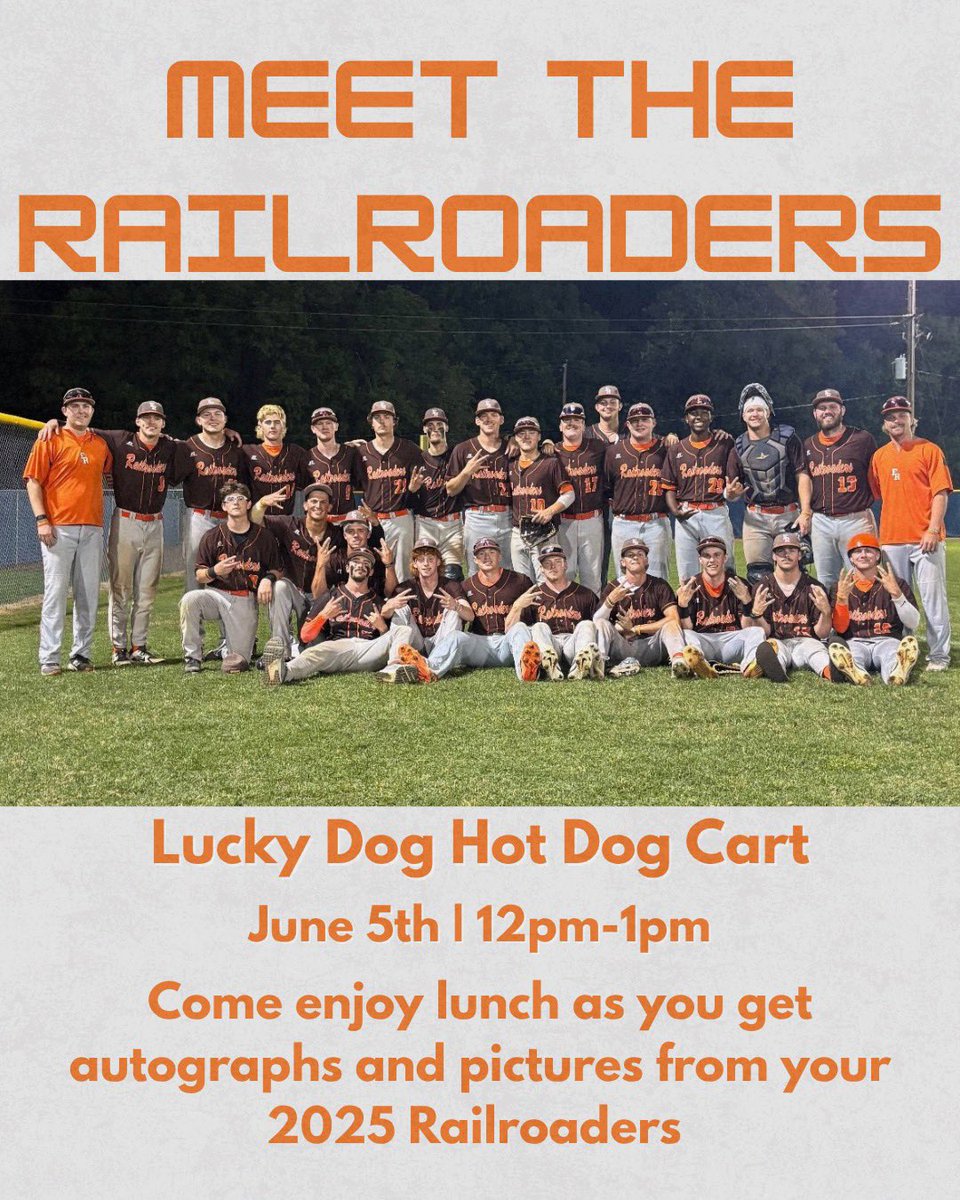 Don’t miss out on our second opportunity to meet your ‘25 Railroaders. Fresh off two wins, bring your shirts, baseballs and gloves to get autographed by the players!

#Railroaders25