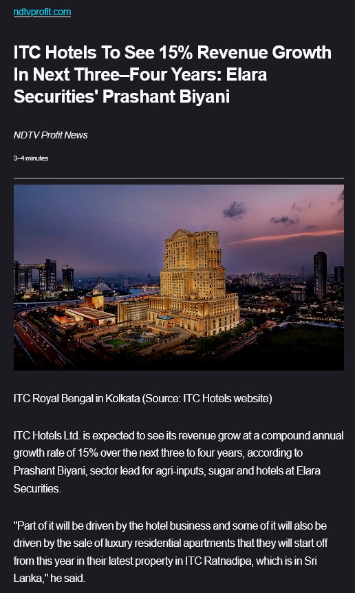 ITC Hotels' revenue expected to grow at 15% CAGR over next 3 to 4 yrs. By FY28 top line will be ₹5300–5400 Cr, Ebitda ₹2000–2100 Cr &amp; margin of 38%. Cash position is strong with cash of ₹1500–1600 Cr. Pipeline of 400 to 500 keys in owned portfolio will start in next 2 to 3 yrs