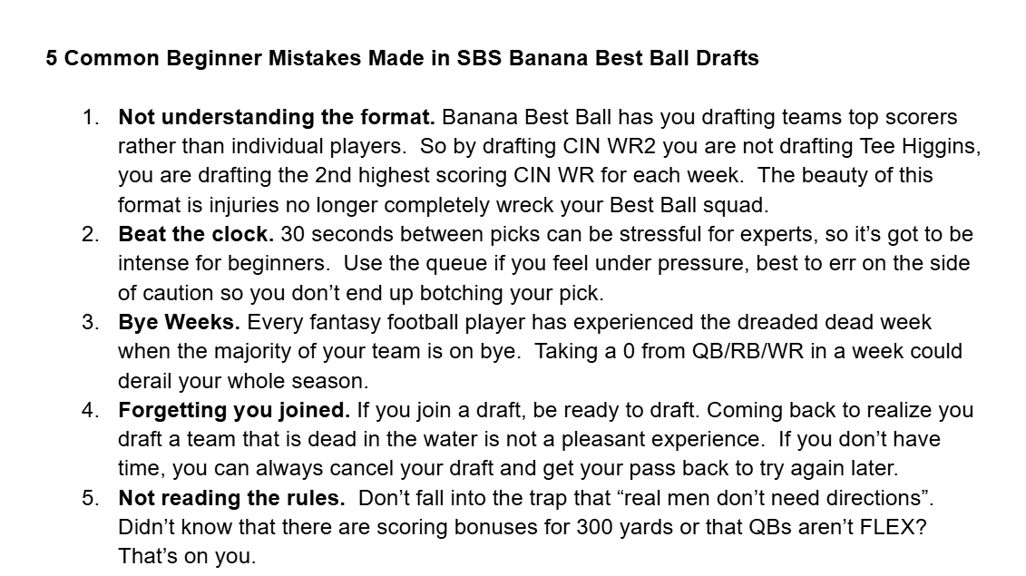 Nick W (@mrchowmain) on Twitter photo With <a href="/SBSFantasy/">Spoiled Banana Society ๐๐</a> kicking off Banana Best Ball III in just 5 days, I will be releasing some helpful tips for those looking to try out some web3 fantasy sports. Starting with this one:
5 Common Beginner Mistakes Made in SBS Banana Best Ball Drafts With <a href="/SBSFantasy/">Spoiled Banana Society ๐๐</a> kicking off Banana Best Ball III in just 5 days, I will be releasing some helpful tips for those looking to try out some web3 fantasy sports. Starting with this one:
5 Common Beginner Mistakes Made in SBS Banana Best Ball Drafts