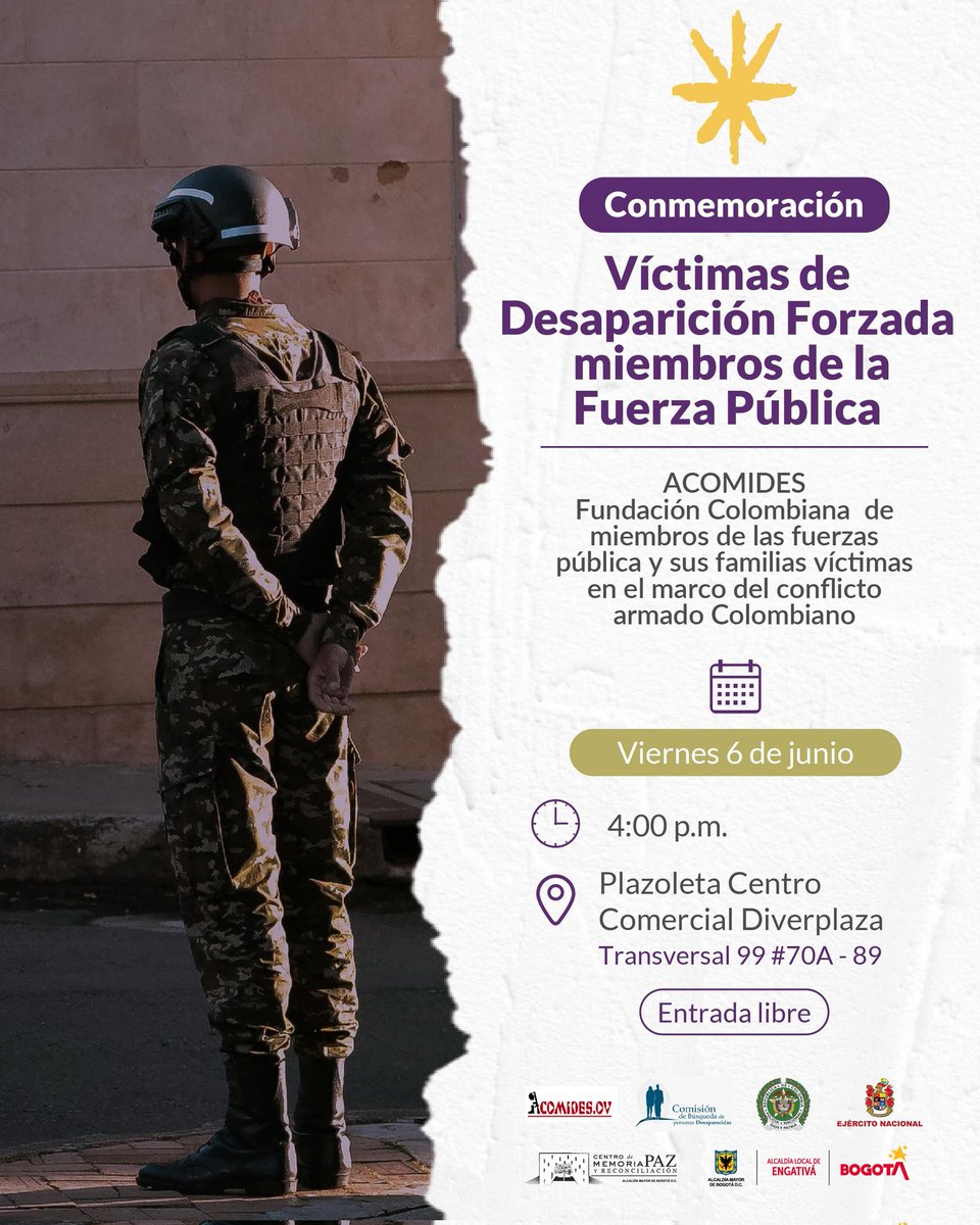 🎖️ Este 6 de junio, acompaña a la CBPD en un acto de memoria por miembros de la Fuerza Pública víctimas de desaparición forzada.

📍 Diverplaza (Engativá)
🕓 4:00 p. m. | Entrada libre

Honramos su ausencia con verdad y dignidad.
#DesapariciónForzada #Memoria #FuerzaPública