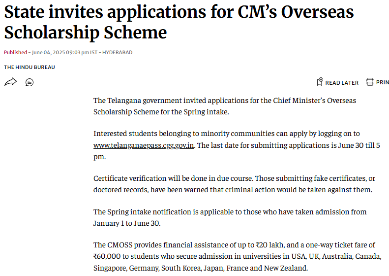 revanthannanews's tweet photo. Telangana invites applications for the CM’s Overseas Scholarship Scheme (Spring Intake). Minority students can apply for up to ₹ 20 L aid + ₹60K travel fare for studies abroad. Deadline: June 30, 5 PM. Apply at https://t.co/pXDyDrp0wD. #CMOSS #StudyAbroad
@TelanganaCMO @INCMinorityTG @TSEduDept @the_hindu @TheDailyPioneer