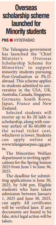 revanthannanews's tweet photo. Telangana invites applications for the CM’s Overseas Scholarship Scheme (Spring Intake). Minority students can apply for up to ₹ 20 L aid + ₹60K travel fare for studies abroad. Deadline: June 30, 5 PM. Apply at https://t.co/pXDyDrp0wD. #CMOSS #StudyAbroad
@TelanganaCMO @INCMinorityTG @TSEduDept @the_hindu @TheDailyPioneer