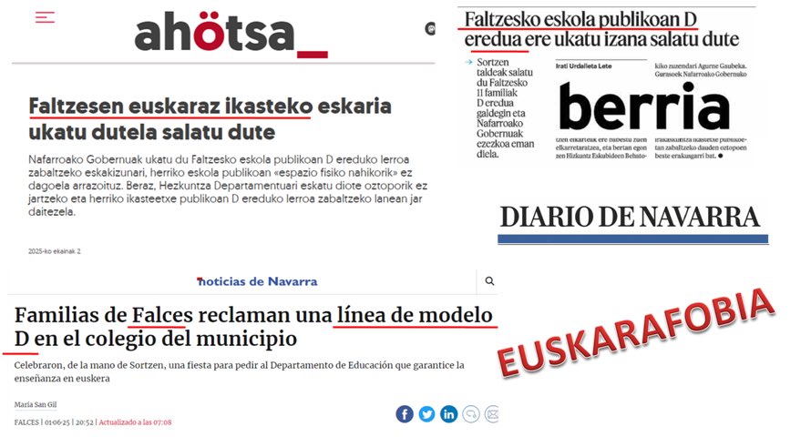 ¿Sabías que 11 familias de Falces denuncian que GN les ha denegado apertura de modelo D (inmersión lingüística en Lingua Navarrorum) en la escuela pública cuando el mínimo de matrícula es 8?

Diario de Navarra ya lo sabe, pero su EUSKARAFOBIA no le deja contarlo. 🤔😶‍🌫️