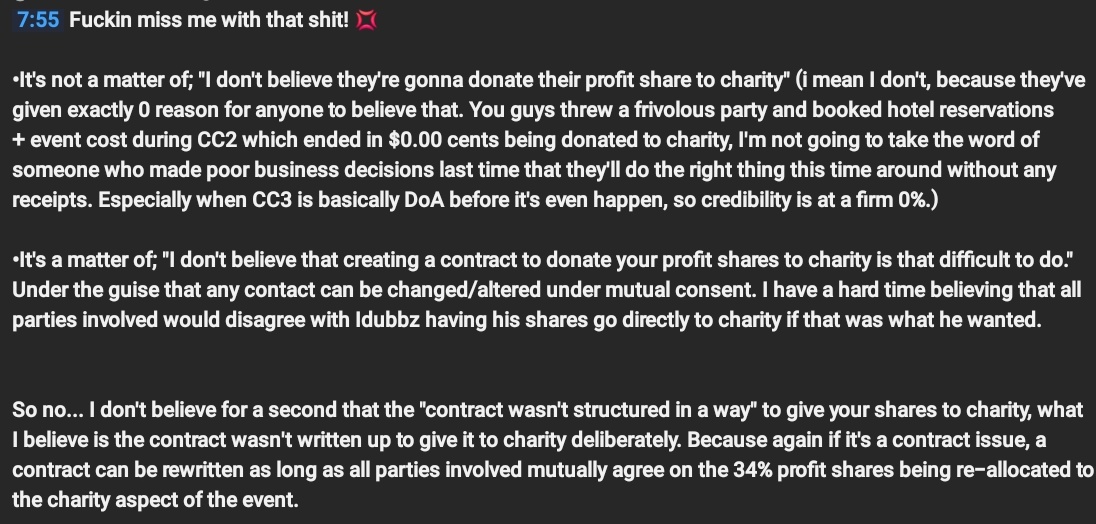 OneVentingRam's tweet photo. You're more than welcome to disagree with me, but I can't call the response to Idubbz taking a 34% profit share from Creator Clash a good faith one.

Because I can't believe their contract couldn't be maneuvered into putting it towards charity, without it going straight to them. https://t.co/MtoHC2eWkW
