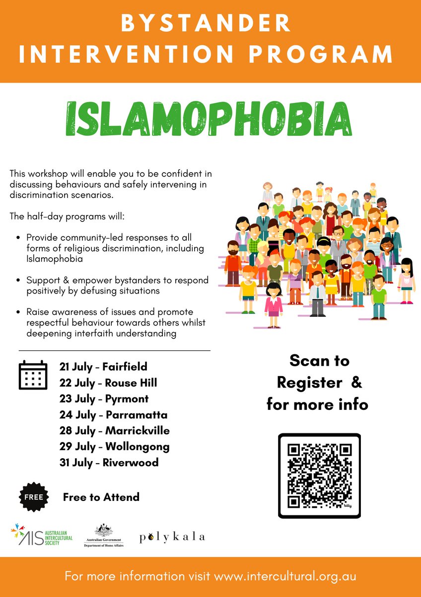 Do you want a respectful and inclusive community?

Learn techniques on how to defuse an #islamophobic incident by applying some simple tools. Don't be a bystander anymore, be an upstander!

We start our #Sydney sessions in July.  

It's free. Register now bit.ly/AISBystanderTr…