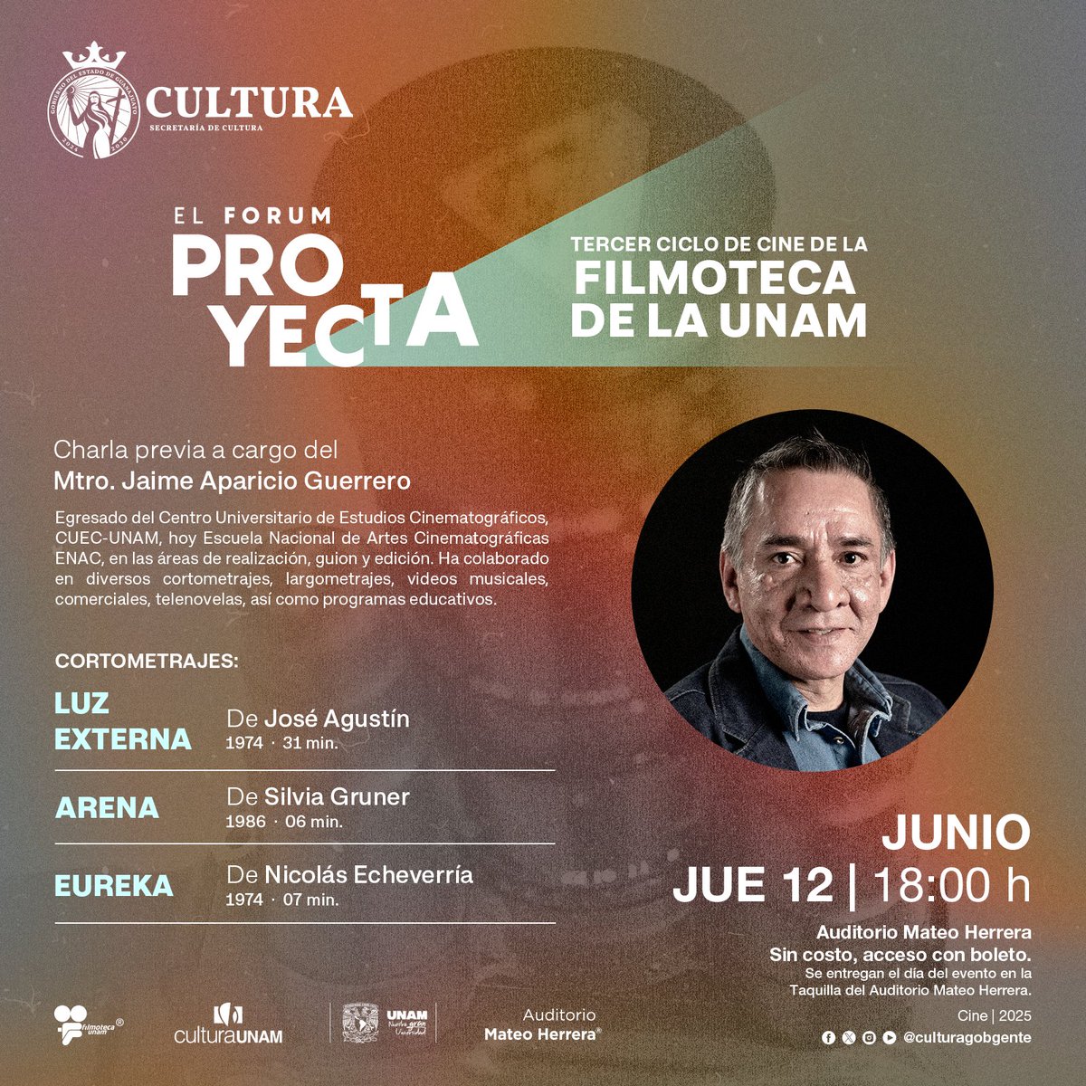 #desdeelMateo
🎤 Charla con Jaime Aparicio, cineasta y docente de la ENAC-UNAM.
📍 Auditorio Mateo Herrera
🗓 12 de junio, 18 h
🎟 Entrada libre con boleto
#GuanajuatoPotenciaCultural