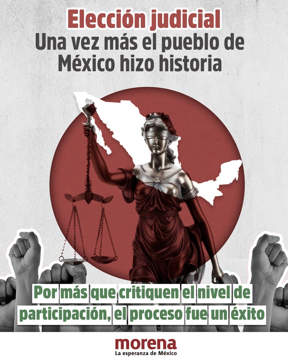 PartidoMorenaMx's tweet photo. ¡México es el país más democrático del mundo y, en una elección histórica, eligió por primera vez al Poder Judicial!

Con 13 millones de personas comenzó uno de los cambios más importantes para nuestra democracia e impartición de justicia.

Las críticas no faltaron pero no hay calidad moral para sostenerlas.