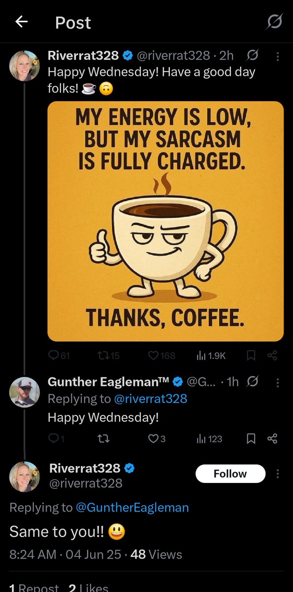 <a href="/LiaWardTX1/">Lia</a> Lol, this is such an old meme too, what a loser.

Has numbers taken that much of a hit frok politics that they all have to resort back to engagement farming, lol.

I see this morning Riverscum got a good morning from bird brain. It's why she stuck up for Dawn, she been invited