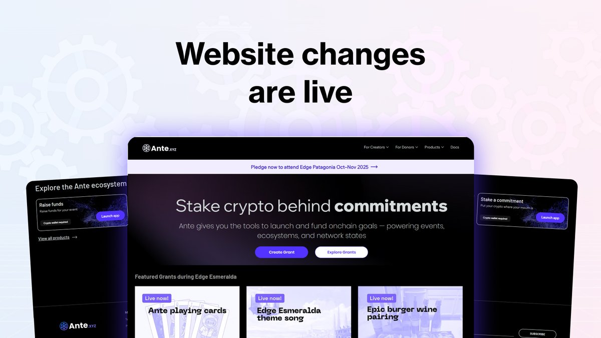 Website update on ante.xyz is live ✨

You can now explore featured, active grants from <a href="/EdgeEsmeralda/">Edge Esmeralda</a> and access the pledge link for Edge Patagonia 2025 right from the homepage banner.