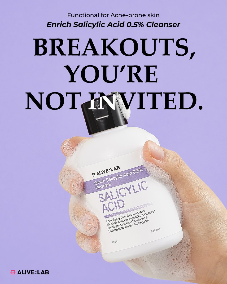 Breakouts, you're not on the guest list.🤫

Unsightly breakouts should be treated with an acne-relieving functional cleanser.

This gentle gel-type cleanser is perfect for acne-prone skin! 💜

Available on🛒
linkon.id/alivelab_global

#alivelab #acne #kbeauty #koreanskincare