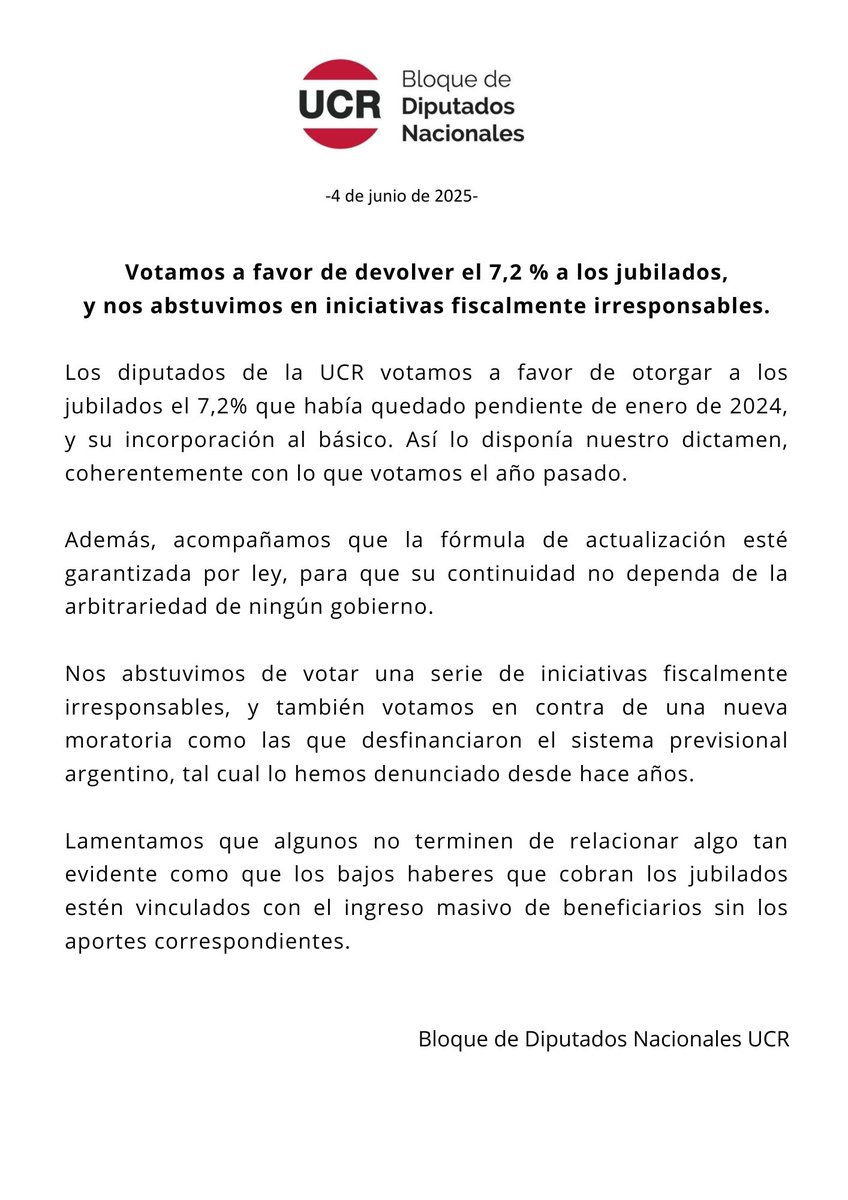 Los diputados radicales votamos a favor de devolver el 7,2 % a los jubilados y de garantizar la actualización por ley.

Comunicado 👇