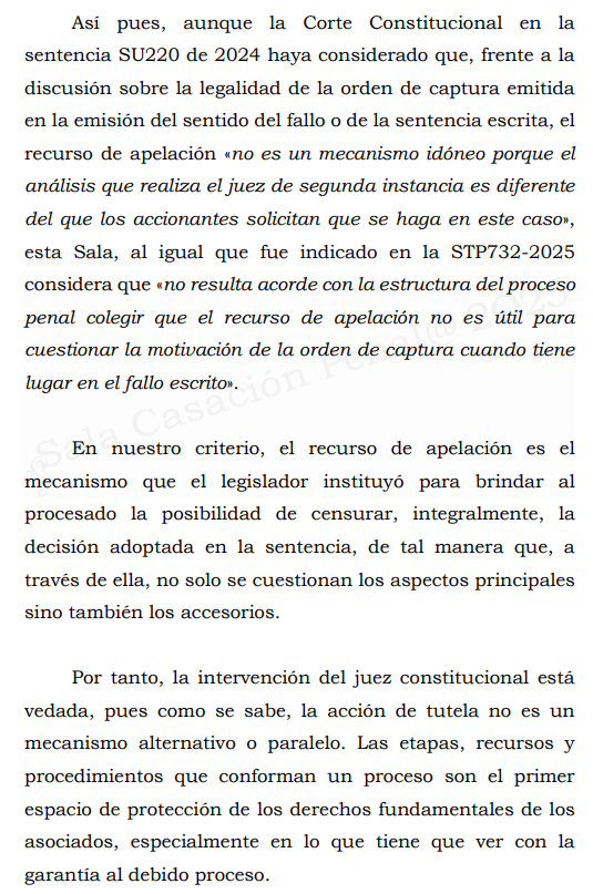 loviedoH's tweet photo. Corte S. Rad. 145176/25. Orden de captura en sentido de fallo.

Tutela es improcedente para cuestionar decisión del juez que ordena captura en sentido de fallo o sentencia, el recurso de apelación es idóneo.

"En nuestro criterio, el recurso de apelación es el mecanismo que https://t.co/IrlcOBEuS2