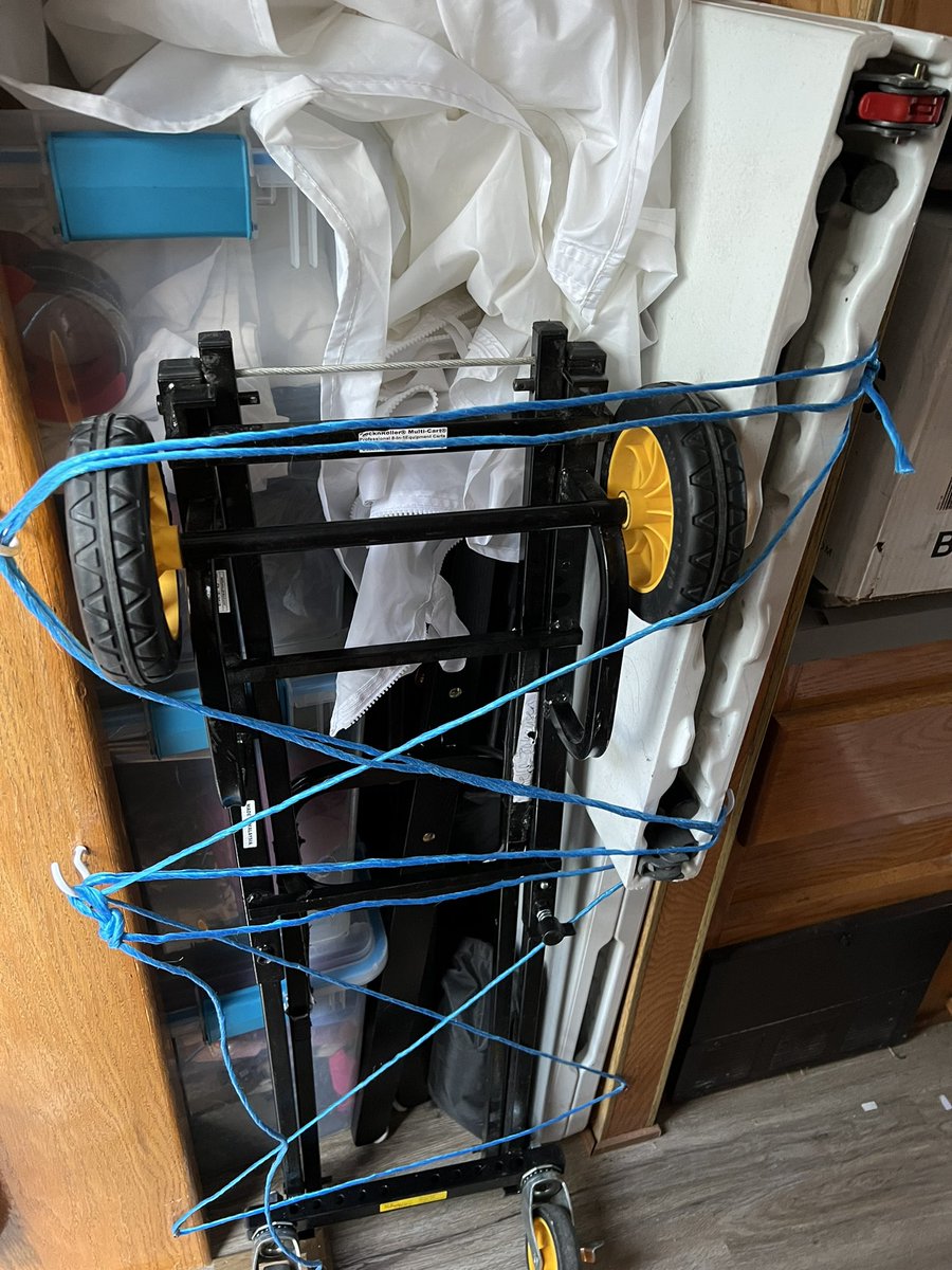 if my dad taught me anything it’s resourcefulness lmao i have 3 totes, 3 tables, my canopy walls, my tall chair, sandbags, and roller cart strapped in what was previously a water heater closet