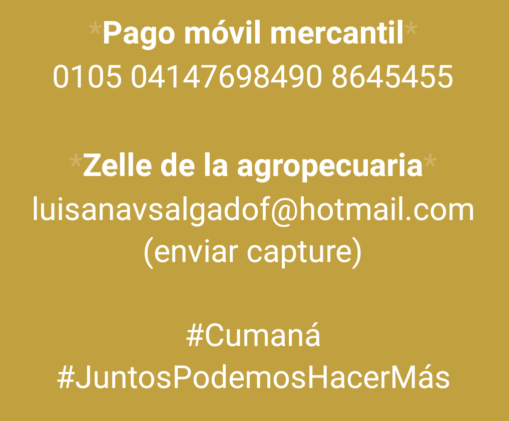 Sigo clamando por ayuda para la compra de proteína para la manada 🙏 y para completar la compra de un saco de arroz ya que tenemos pago en la agropecuaria $18 y nos faltan $20.
Tenemos en cuenta Bs. 550.
¿Me ayudas? Todo suma.
Pago móvil mercantil 0105 04147698490 8645455
