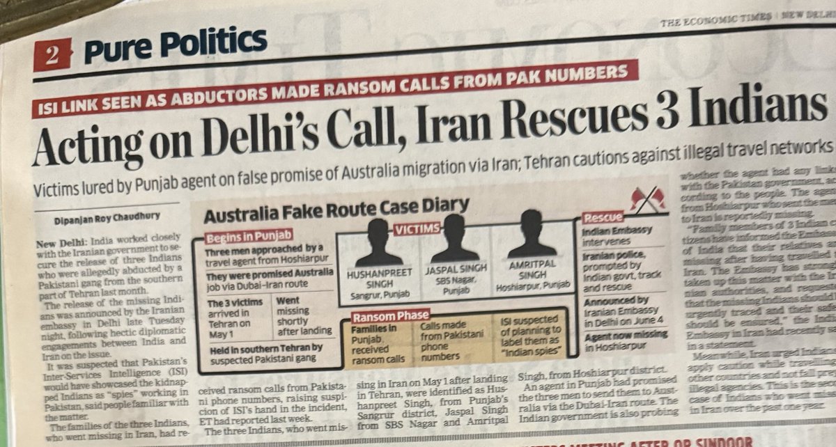 Dipanjan R Chaudhury (@dipanjanet) on Twitter photo Tehran acts on Delhis call: Rescues 3 Indians abducted from Iranian capital on May 1. Pakistani gangs allegedly kidnapped Indians. ISI may have had plans to showcase Indians as “spies” — My report <a href="/ETPolitics/">ET Politics</a> Tehran acts on Delhis call: Rescues 3 Indians abducted from Iranian capital on May 1. Pakistani gangs allegedly kidnapped Indians. ISI may have had plans to showcase Indians as “spies” — My report <a href="/ETPolitics/">ET Politics</a>