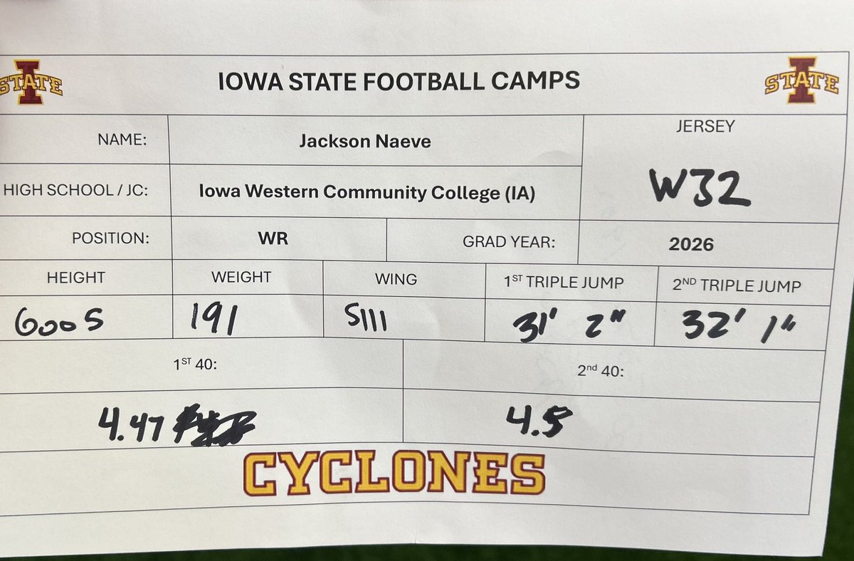 JacksonNaeve's tweet image. Had a great time competing today @CycloneFB camp in Ames.
I ran a 4.47, had a 32+ ft triple broad jump and enjoyed competing against the other players.
I appreciate the conversations after with @Coach_NPauley @RyanClanton and @CoachJWaters!! Looking forward to the future…