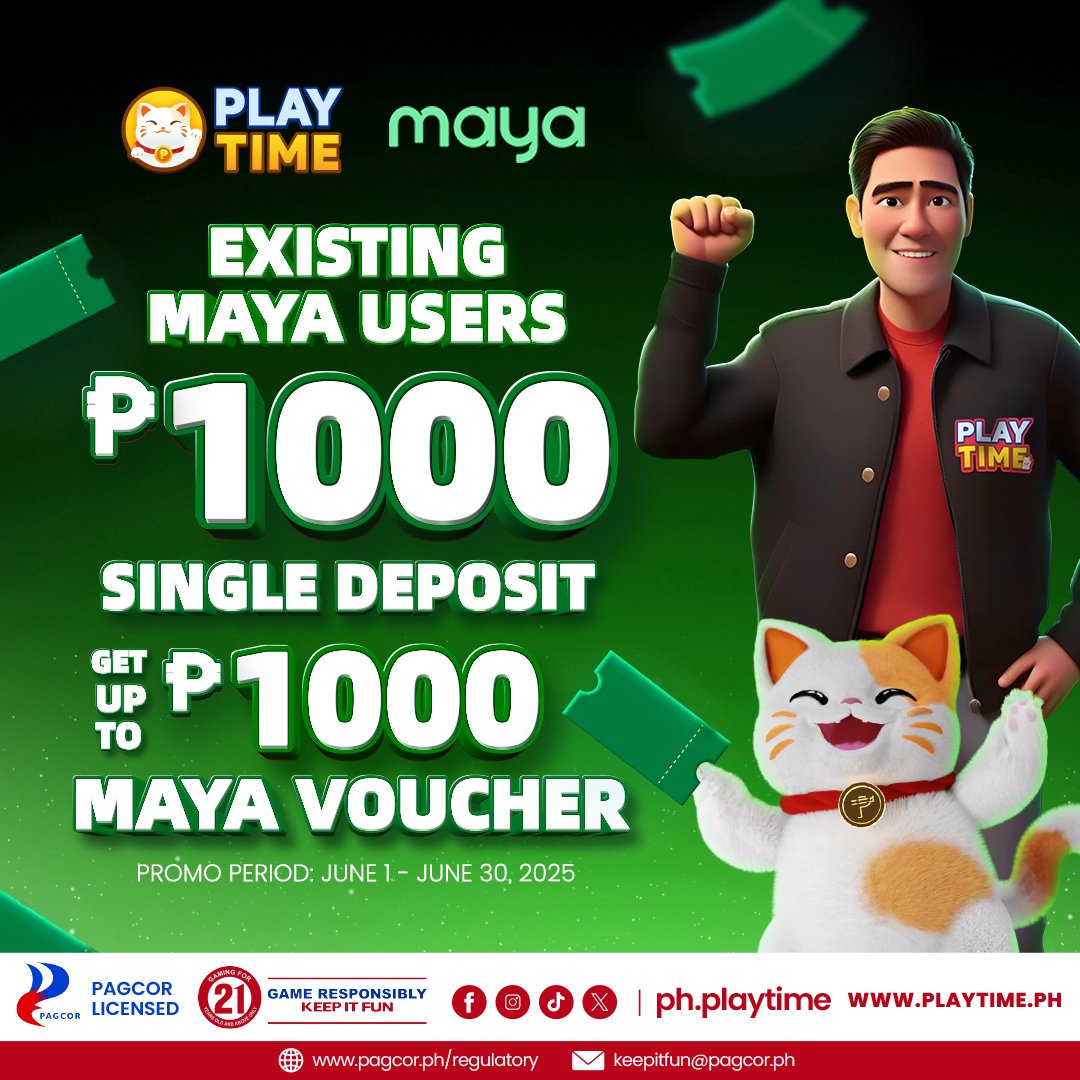 This June, your ₱1000 deposit could turn into a ₱1000 Maya voucher! Ready to win, Ka-PlayTime?

🔥 Let’s go! official.maya.ph/3xMF/ibbn94il

#PlayTimePH #ItsPlayTime #PlayTime