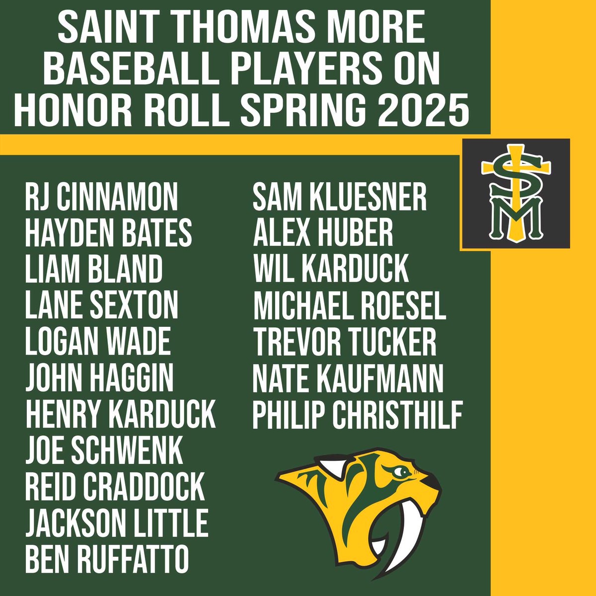 STM Baseball (@sabersbaseball1) on Twitter photo Great job in the classroom players. We have a team goal of 3.5 (on 4.0) or better. 18 of 23 players made honor roll this spring. 9 of the 18 had 4.0+ and 7 of them on the 3.5-3.99.
<a href="/STMoreAD/">Sabers Athletics</a> Great job in the classroom players. We have a team goal of 3.5 (on 4.0) or better. 18 of 23 players made honor roll this spring. 9 of the 18 had 4.0+ and 7 of them on the 3.5-3.99.
<a href="/STMoreAD/">Sabers Athletics</a>