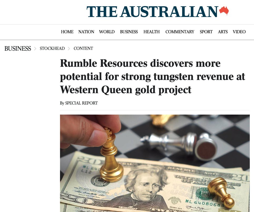 Thanks to the <a href="/australian/">The Australian</a> for sharing the news about how <a href="/RumbleResources/">Rumble Resources Ltd</a> (#ASX: $RTR) has discovered more high-grade #gold and critical mineral #tungsten at its near-term Western Queen project. See more on what this means 👉 lnkd.in/gfkgHuug #criticalminerals #asxnews