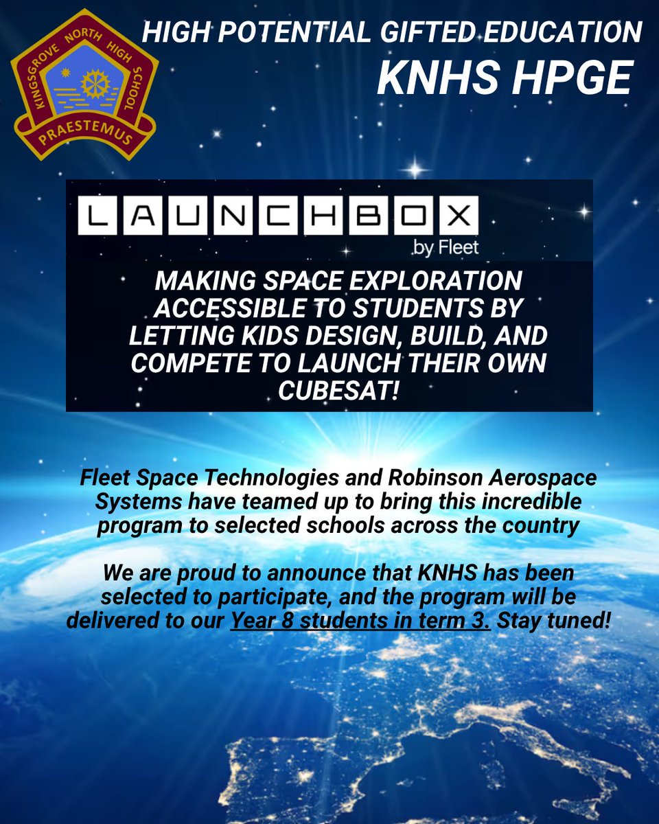 Exciting news! KNHS has been selected for the LaunchBox Program by Fleet Space Technologies in Term 3, 2025. Fully funded by the Australian Government’s Schools Pathways Program, it will be delivered to our Year 8 students.