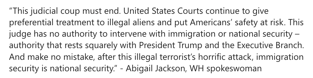 NEW: Statement from <a href="/WhiteHouse/">The White House</a> in response to #Colorado judge's order not to deport #Boulder suspect's family - 
"This judicial coup must end. United States Courts continue to give preferential treatment to illegal aliens and put Americans’ safety at risk." 👇 <a href="/DenverChannel/">Denver7 News</a>