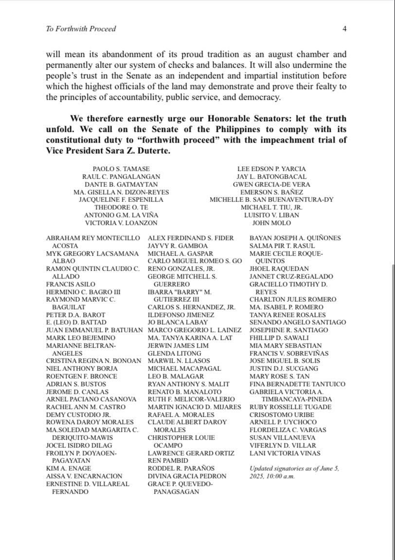 Cleve V. Arguelles (@clevearguelles) on Twitter photo Our country’s best legal minds, the faculty of <a href="/UPCollegeofLaw/">UP College of Law</a> , calls on the <a href="/senatePH/">Senate of the Philippines</a> to let the truth unfold, to comply with its constitutional duty to "forthwith proceed" with the impeachment trial of VP Sara Duterte. #ImpeachmentTrialNow Our country’s best legal minds, the faculty of <a href="/UPCollegeofLaw/">UP College of Law</a> , calls on the <a href="/senatePH/">Senate of the Philippines</a> to let the truth unfold, to comply with its constitutional duty to "forthwith proceed" with the impeachment trial of VP Sara Duterte. #ImpeachmentTrialNow