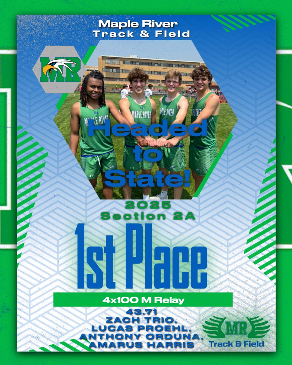 MRTandF's tweet image. Congratulations Zach, Lucas, Anthony and Amarus on winning the 4x100 to QUALIFIY for STATE at the Section 2A Meet last Saturday! We can't wait to watch you glide around the track at State! #wearemapleriver