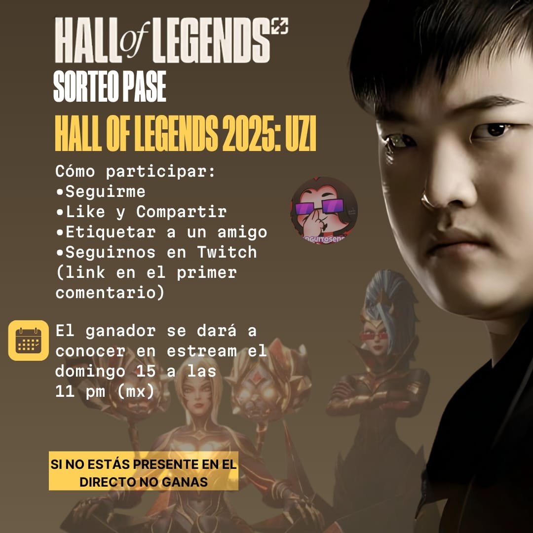 Sorteo pase - Hall of Legends 2025: Uzi

Cómo participar:
- Seguirme
- Like y compartir
- Etiquetar a un amigo
- Seguirnos en twitch (link en el primer comentario)

#Sorteo #Halloflegends  #UZI