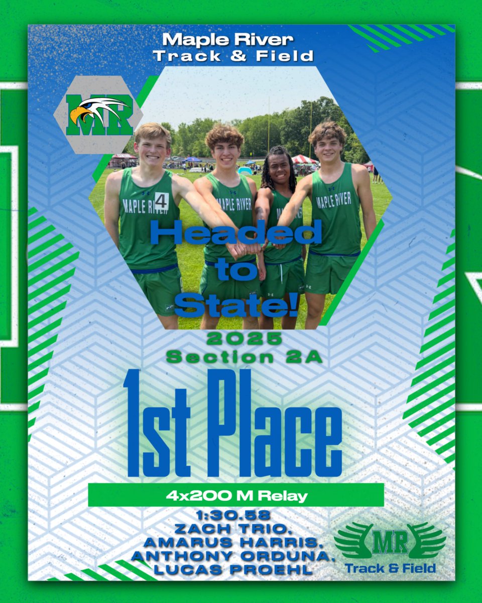 MRTandF's tweet image. Congratulations Zach, Amarus, Anthony and Lucas on winning the 4x200 to QUALIFIY for STATE at the Section 2A Meet last Saturday! It was a memorable run, seeing you set a new Section 2A Record. Go for it all up at State! #wearemapleriver