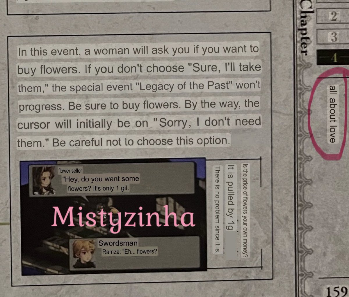 _Mistyzinha_'s tweet image. 1 - Square Enix FF Tatics Official Complete Guide - Page 159

2 - Cloud and Aerith’s Chapter is quoted PART OF THE MAIN STORY. 🥰

3 - CA Chapter is called “ALL ABOUT LOVE” (愛にすべてを / Ainisubetewo).
☁️❤️🌸

#CloudStrife 
#AerithGainsborough 
#Clerith 
#FFTactics 
#SquareEnix