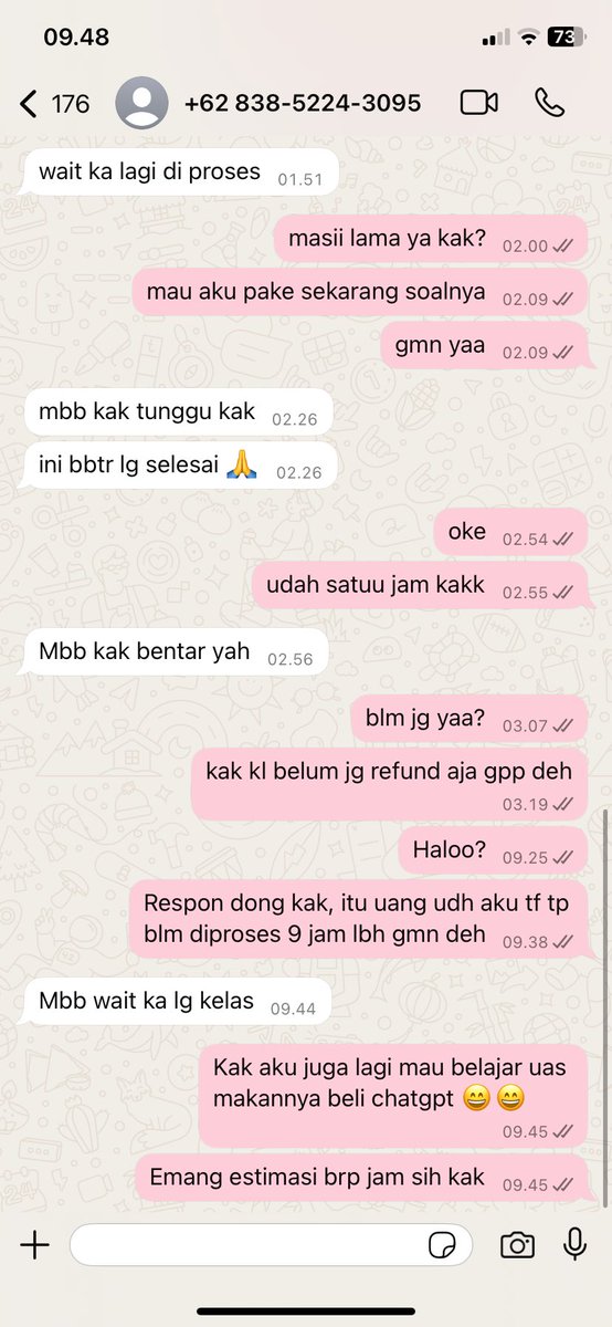 grumpygworl's tweet photo. 🚨🚨AKUN PENIPU ZONAUANG🚨🚨

@eemapu125 penipu akun jual chatgpt pro, aku rugi 50k

kronologi: tadi pagi aku beli akun chatgpt terus sampe sekarang blm diproses katanya 15 jam prosesnya 💀💀 

NOMOR SPAY 083852243095 
may you rot in hell nipu anak kuliahan yang juga butuh duit. https://t.co/idOOAZUfRi