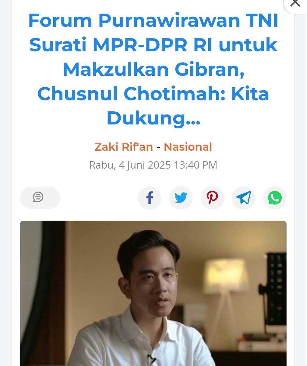 Forum Purnawirawan TNI Surati MPR-DPR RI untuk Makzulkan Gibran, Chusnul Chotimah: Kita Dukung.
fajar.co.id/2025/06/04/for…