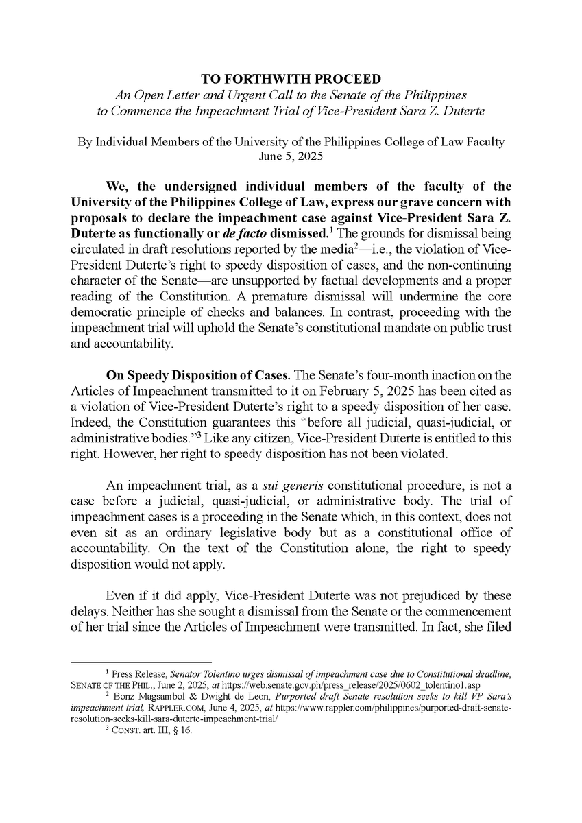 UPCollegeofLaw's tweet photo. Individual members of the UP College of Law Faculty issued "To Proceed Forthwith," an open letter to the Senate urging it to commence with the trial of Vice-President Sara Duterte.

Link: https://t.co/Dn5aObfnEN. https://t.co/eWT6ioc3wt