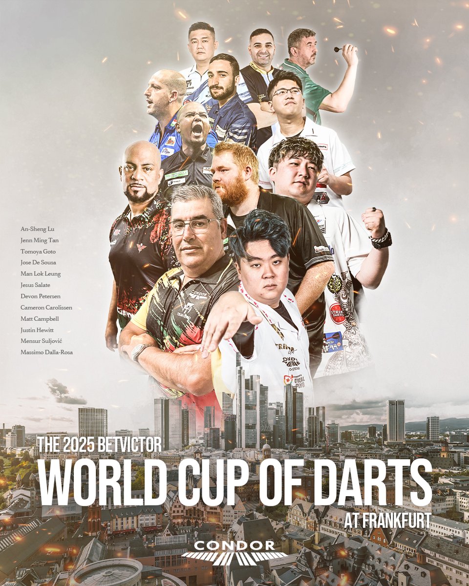 GAME TIME 🎯
BetVictor World Cup of Darts

🇯🇵Tomoya Goto
🇭🇰Hugo Leung
🇵🇹Jose de Sousa
🇹🇼An-Sheng Lu
🇲🇾Jenn Ming Tan
🇨🇦Matt Campbell
🇿🇦Devon Petersen
🇿🇦Cameron Carolissen
🇦🇷Jesus Salate
🇬🇮Justin Hewitt
🇮🇹Massimo Dalla-Rose
🇦🇹Mensur Suljovic

#TRiNiDAD
#CONDOR