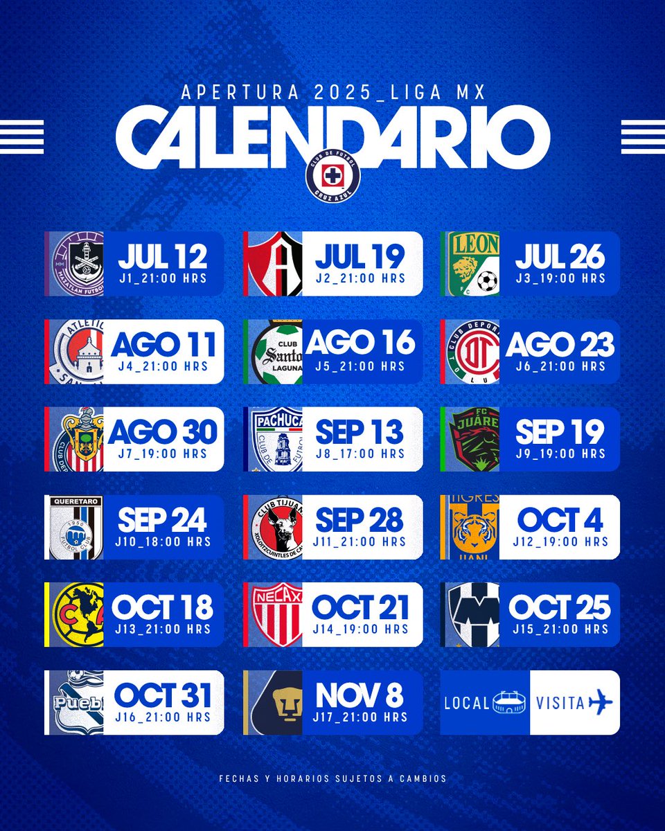 Este es el calendario de La Máquina para el Apertura 2025. 📆

Guarden las fechas, Azules. 

¡Juntos por La Décima! 💙
