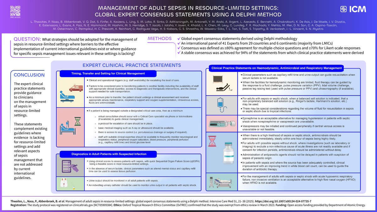 🌍 New global guidance for managing adult sepsis in low-resource settings.
Led by the Asia Pacific Sepsis Alliance, this Delphi consensus supports clinicians where resources are limited.

📄 Read via Intensive Care Medicine: link.springer.com/article/10.100…

#Sepsis #GlobalHealth