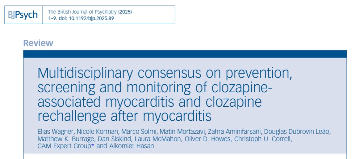 Led by Elias Wagner and Alkomiet Hasan, we present criteria for clozapine associated myocarditis and algorithms for clozapine initiation and clozapine rechallenge after CAM following an international multiprofessional consensus process. bit.ly/4jDVi6Z