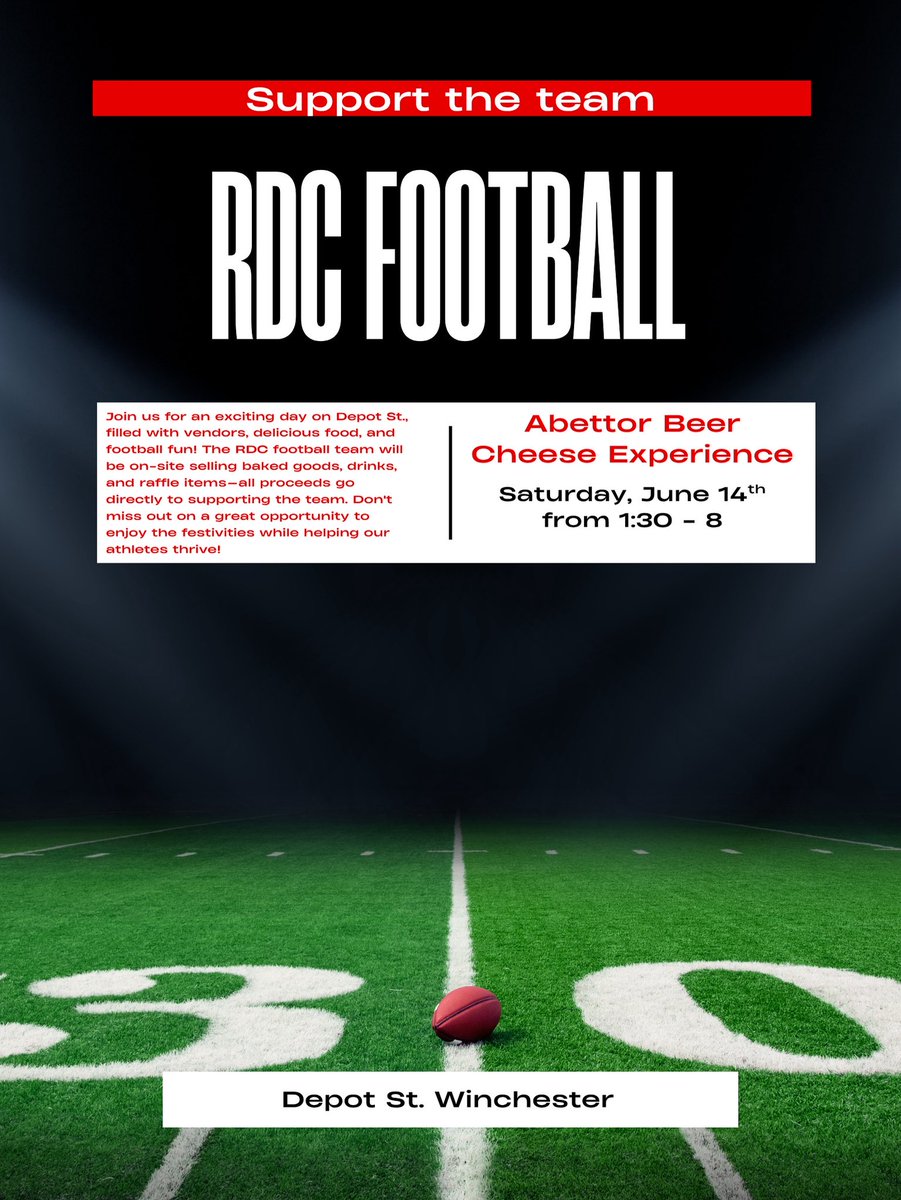 Join us for an exciting day on Depot Street at the Abettor Beer Cheese Experience filled with vendors, delicious food, and football fun! The RDC football team will be on-site selling baked goods, drinks, and raffle items! #RDCPRIDE #WeNotMe #AbettorBeerCheeseExperience